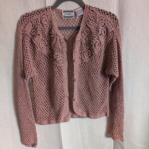 Vintage Pink Crochet Floral pearl Cardigan Sweater Cottagecore Grandma Soft